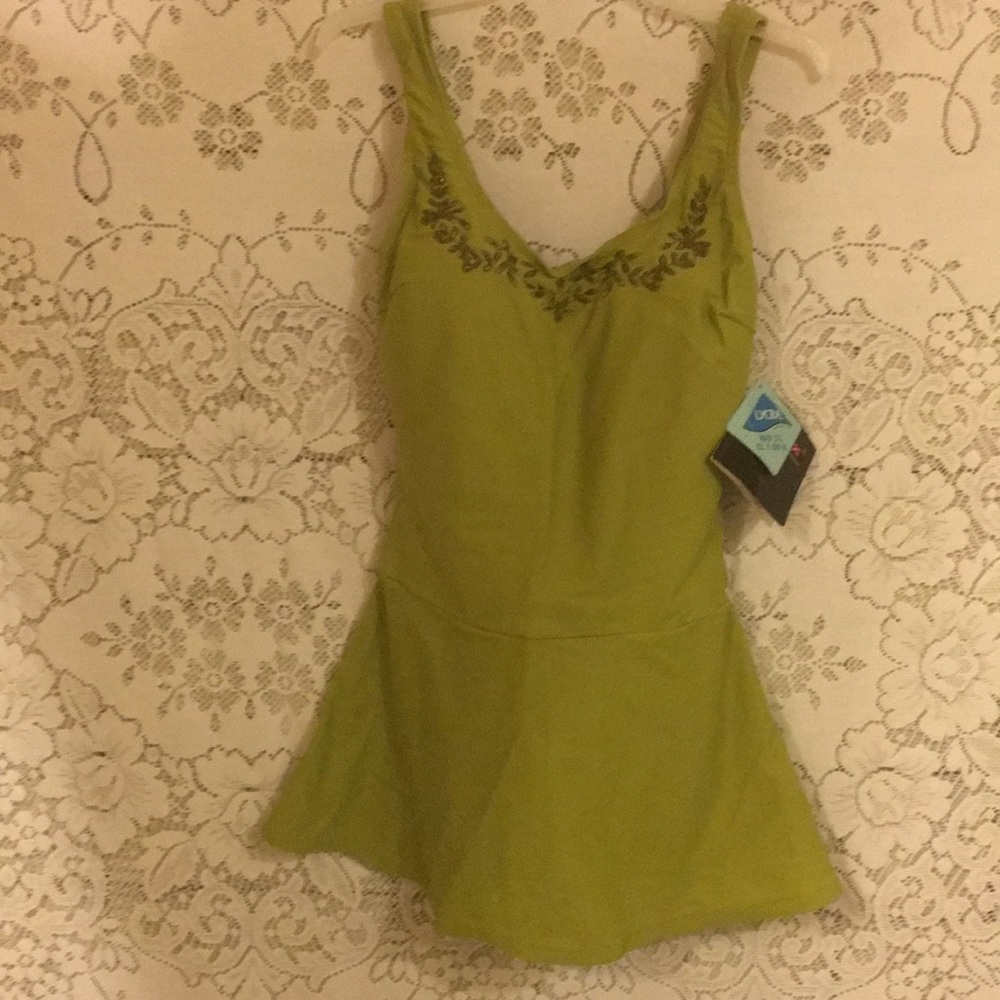 ShapeFX Ladies Swimsuit Sz 4 NEW Luxury Beaded Neck Design olive Green Gorgeous